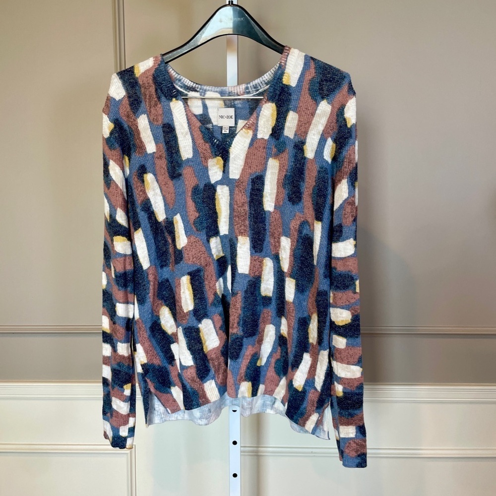 Nic + Zoe XL Brushstrokes Waffle Stitch V neck Sweater Blues Mauve Ivory Career